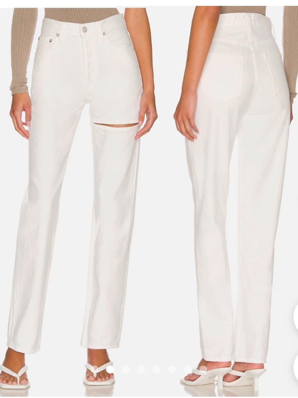 Agolde Women's White High-Rise Straight Leg Jeans with Knee Slit